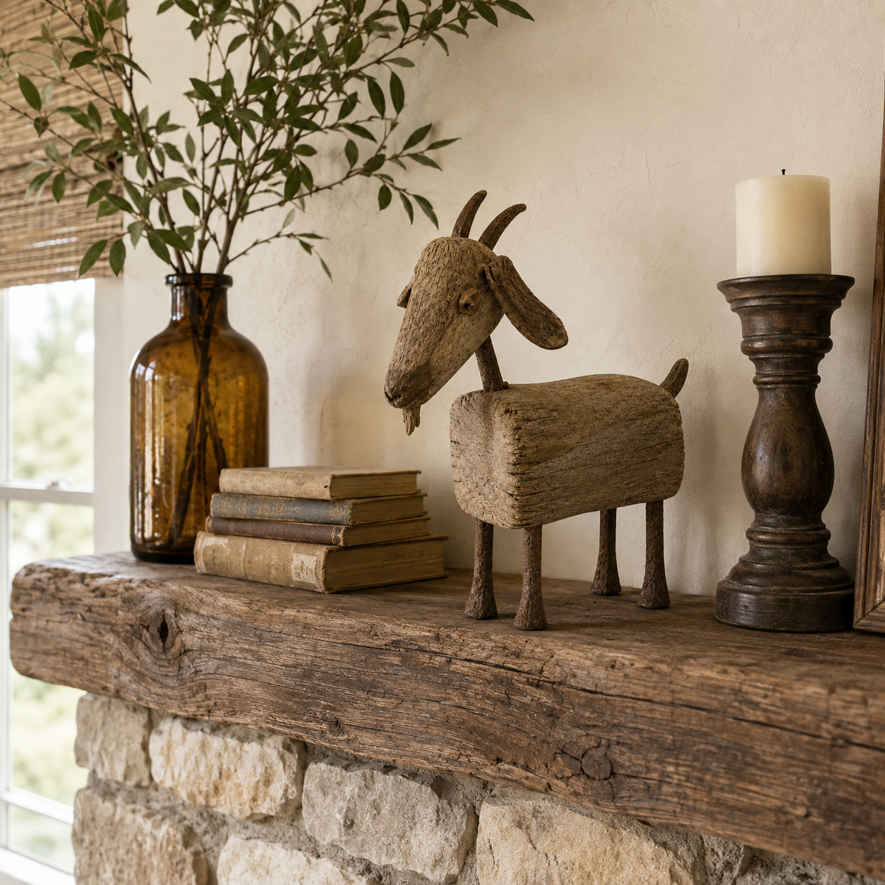 Old-Soul Primitive Solid Wood Goat Sculpture