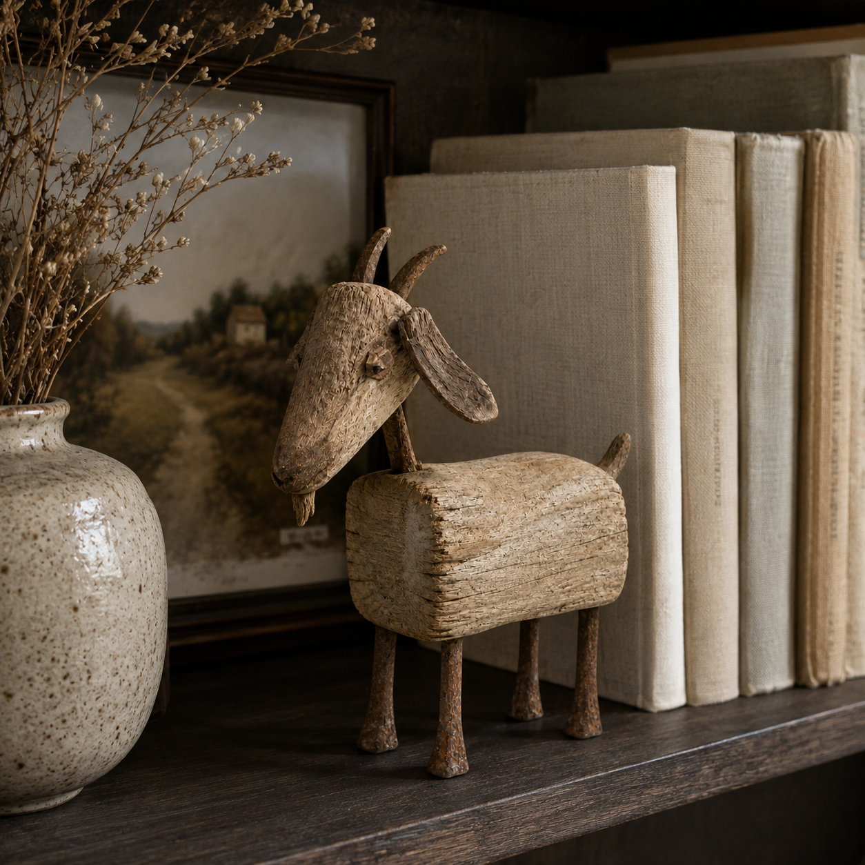 Old-Soul Primitive Solid Wood Goat Sculpture