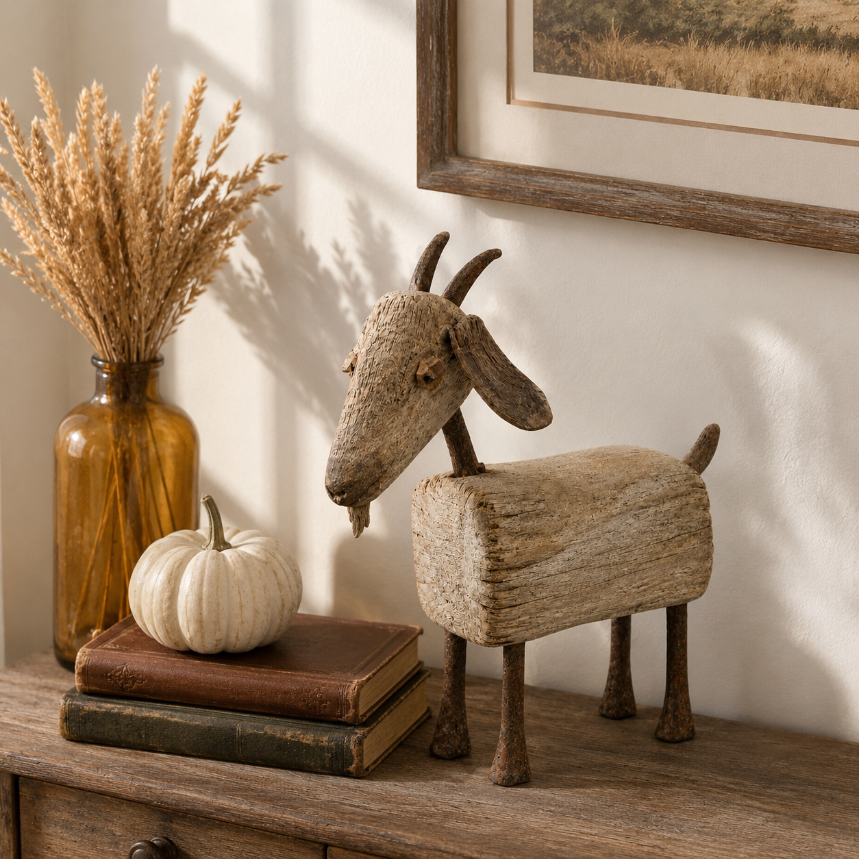 Old-Soul Primitive Solid Wood Goat Sculpture