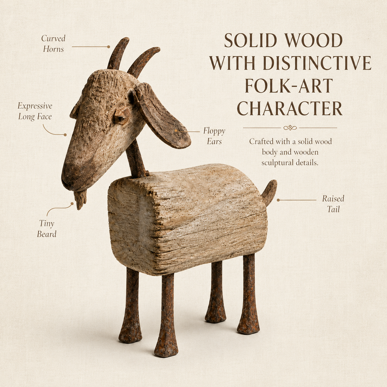 Old-Soul Primitive Solid Wood Goat Sculpture