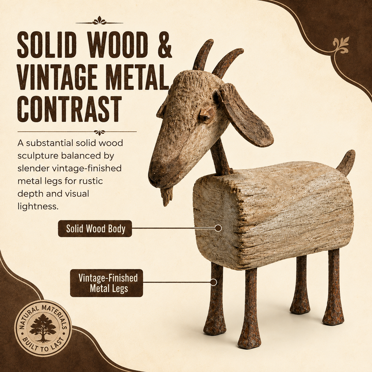 Old-Soul Primitive Solid Wood Goat Sculpture