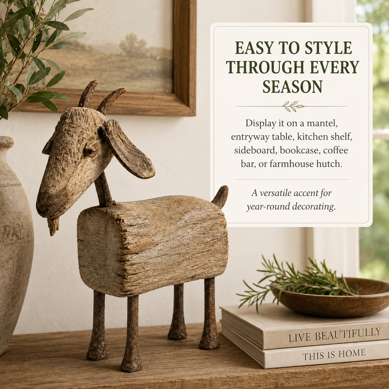 Old-Soul Primitive Solid Wood Goat Sculpture