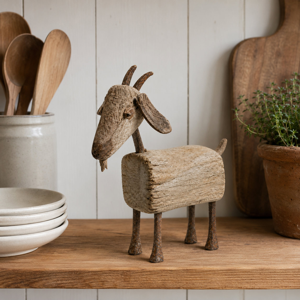 Old-Soul Primitive Solid Wood Goat Sculpture