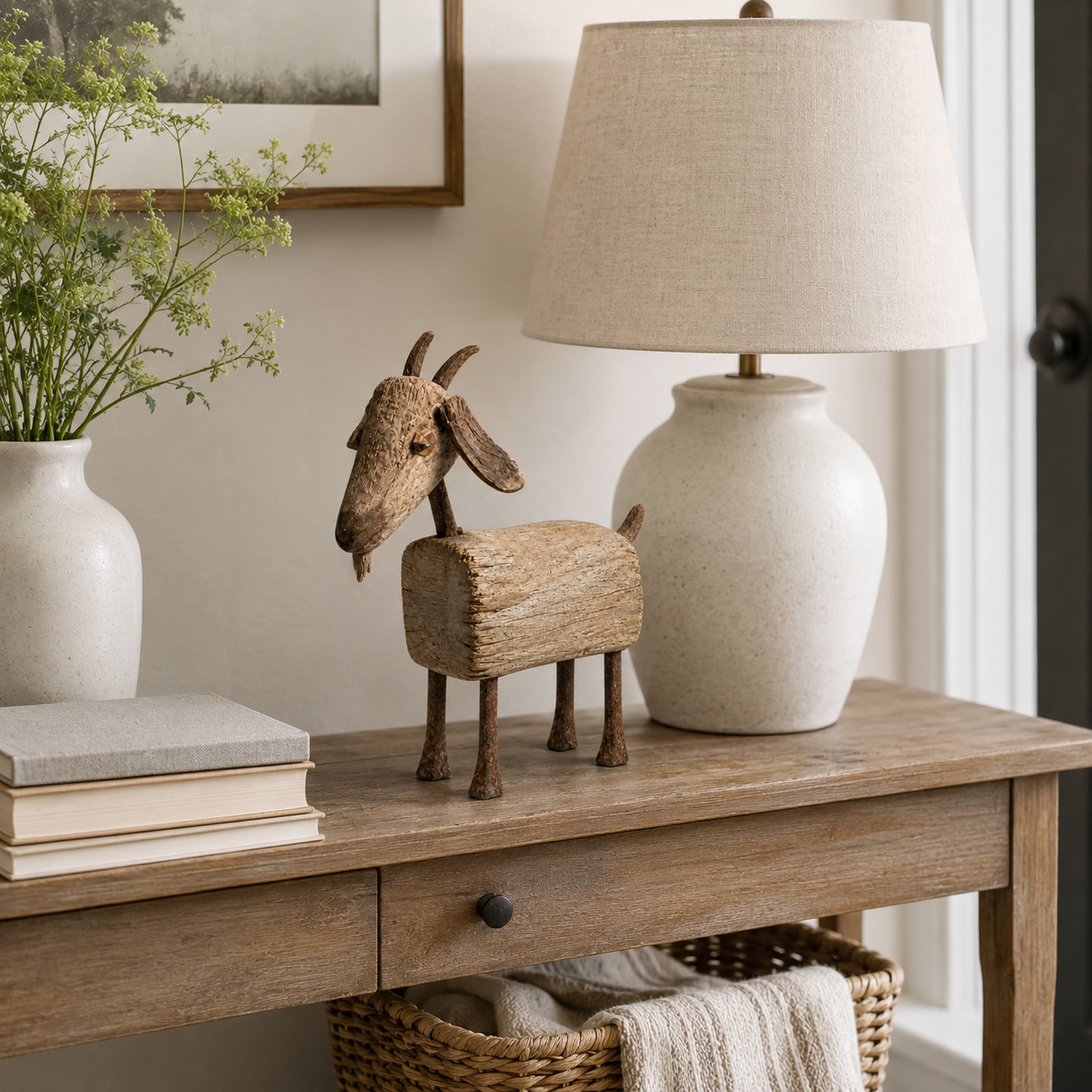 Old-Soul Primitive Solid Wood Goat Sculpture