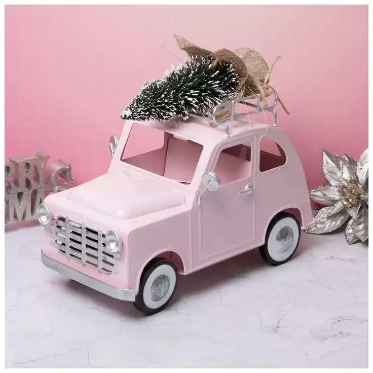 Pink Vintage Metal Car & Flocked Tree