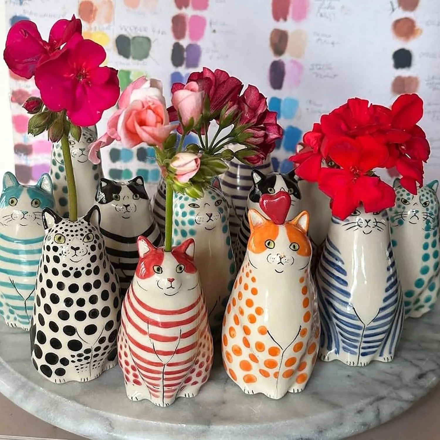 Hand-Painted Polka Dot Cat Tiny Vase