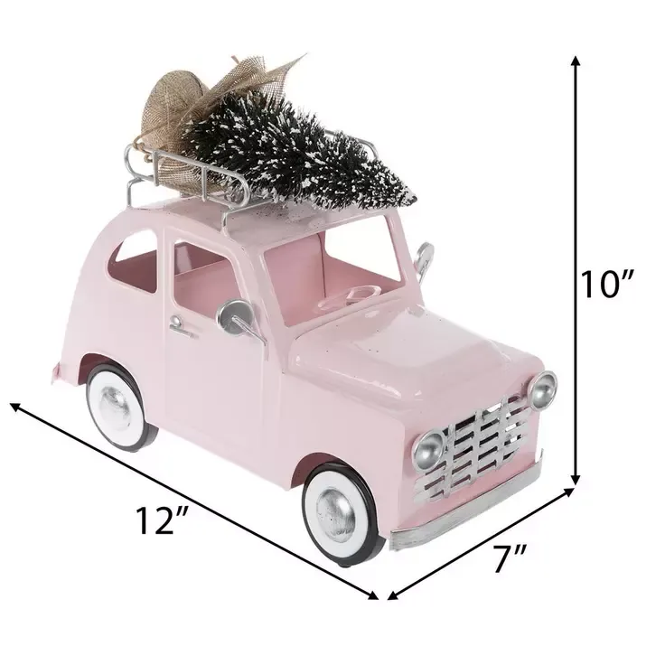Pink Vintage Metal Car & Flocked Tree