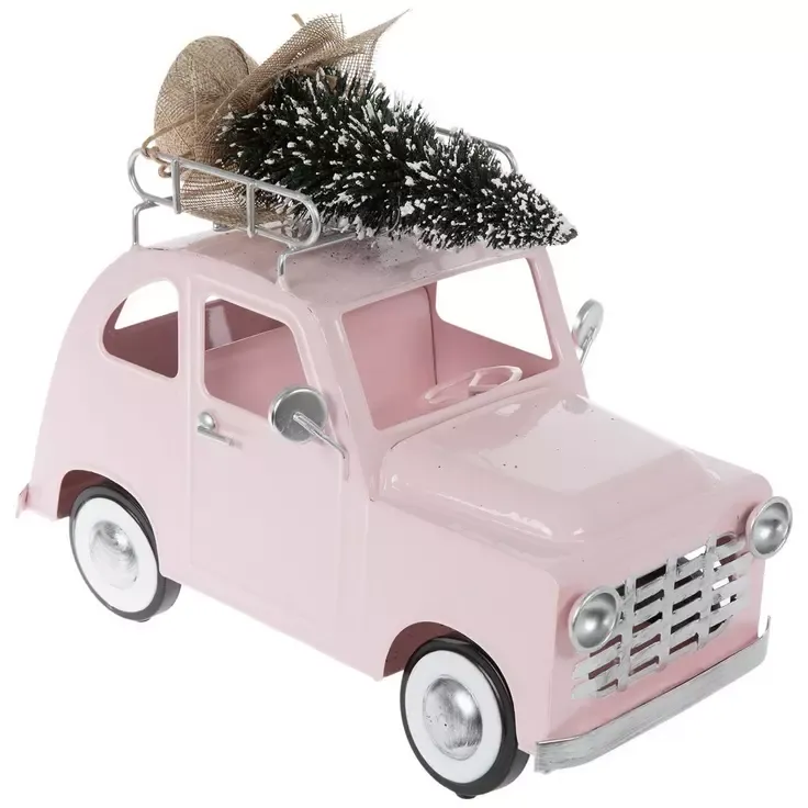 Pink Vintage Metal Car & Flocked Tree