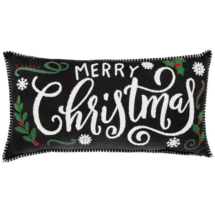 Black & White Embroidered Merry Christmas Pillow