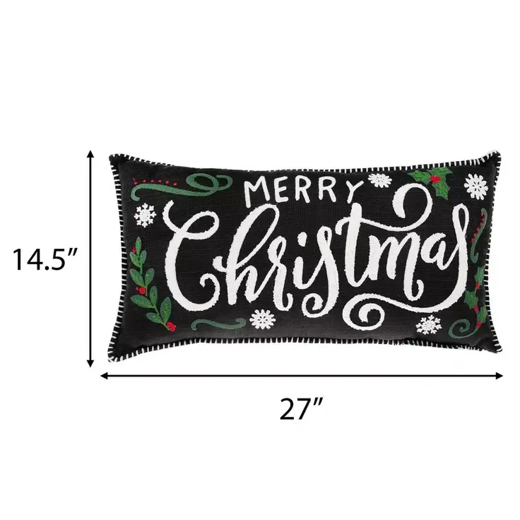 Black & White Embroidered Merry Christmas Pillow