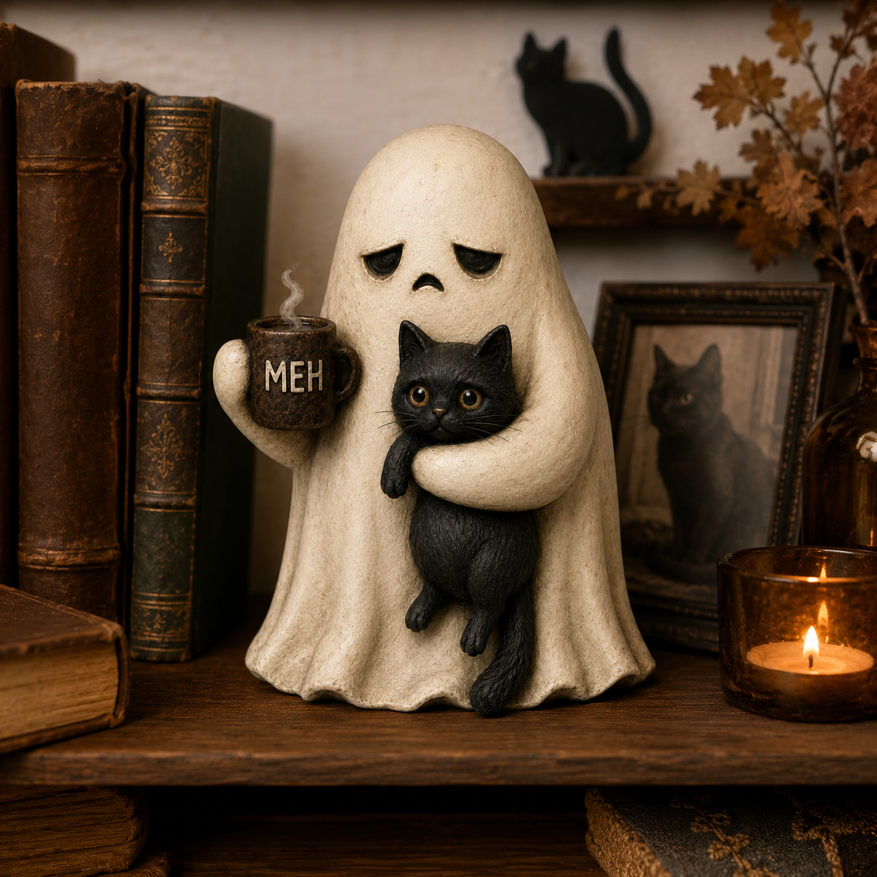 Meh Mood Ghost & Black Cat Figurine