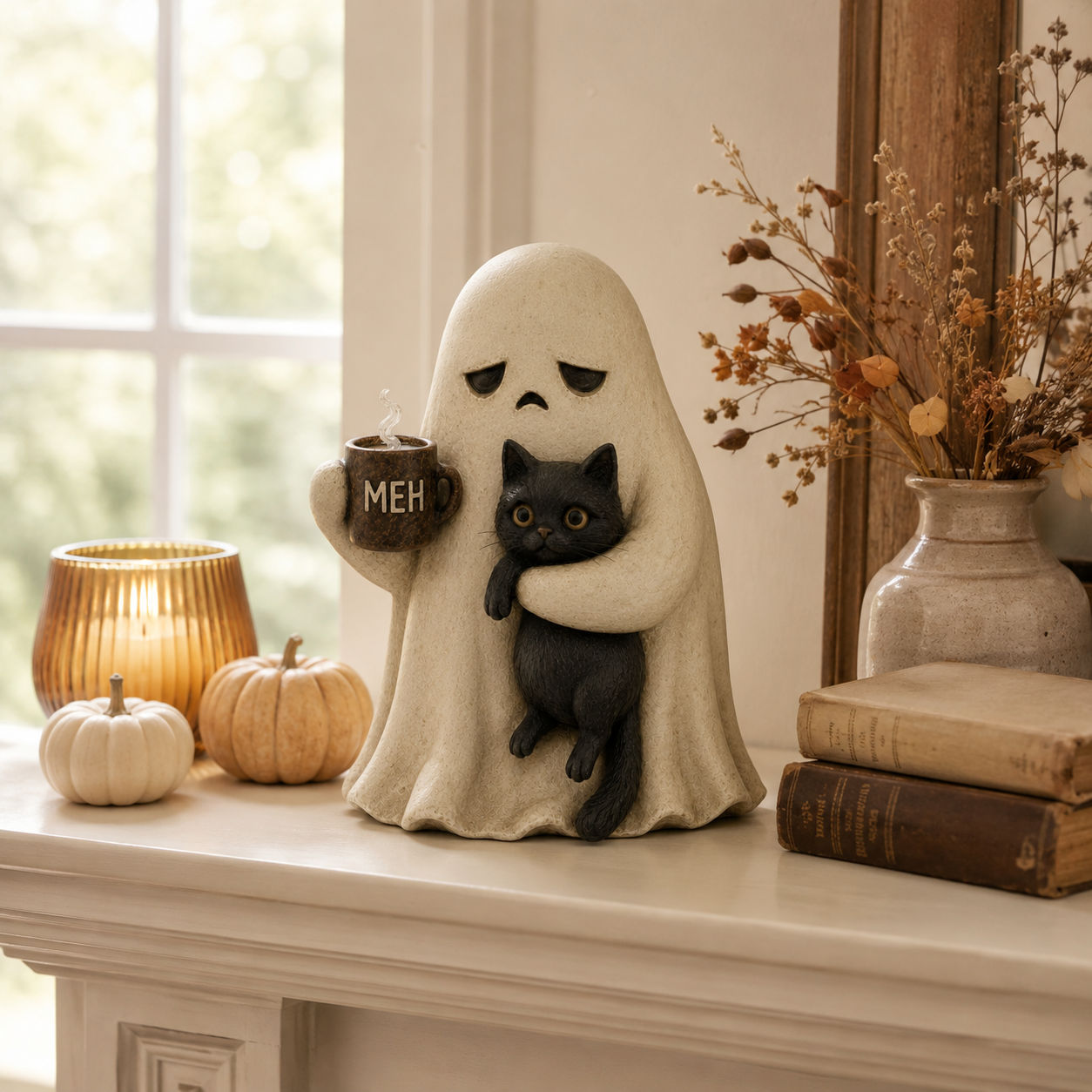 Meh Mood Ghost & Black Cat Figurine