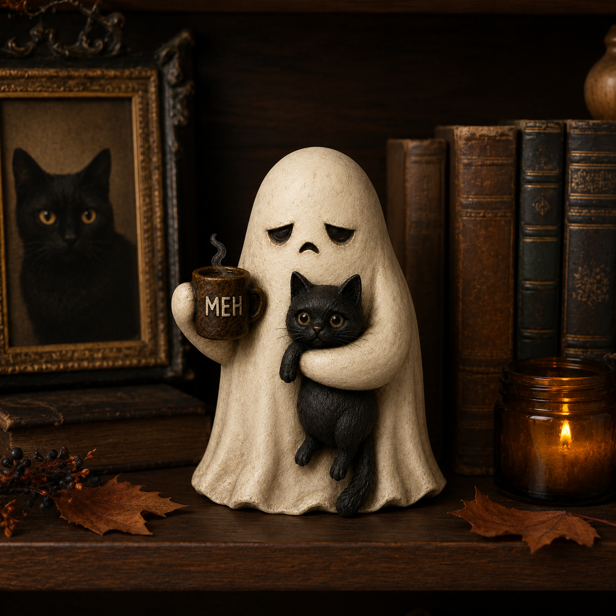 Meh Mood Ghost & Black Cat Figurine
