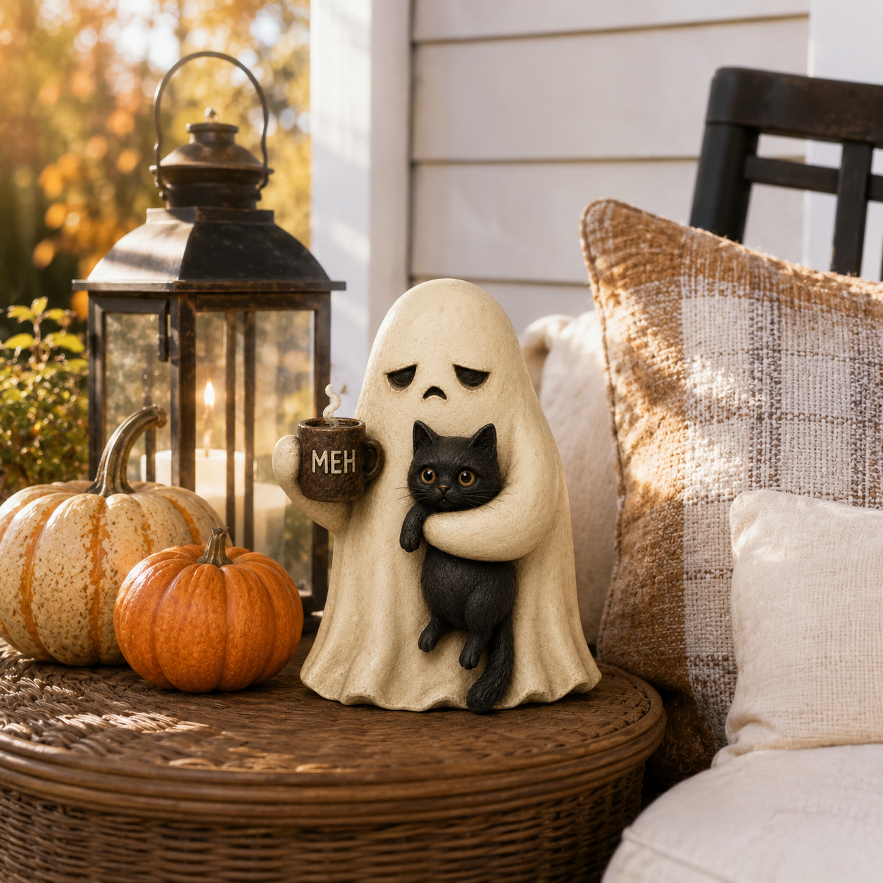 Meh Mood Ghost & Black Cat Figurine