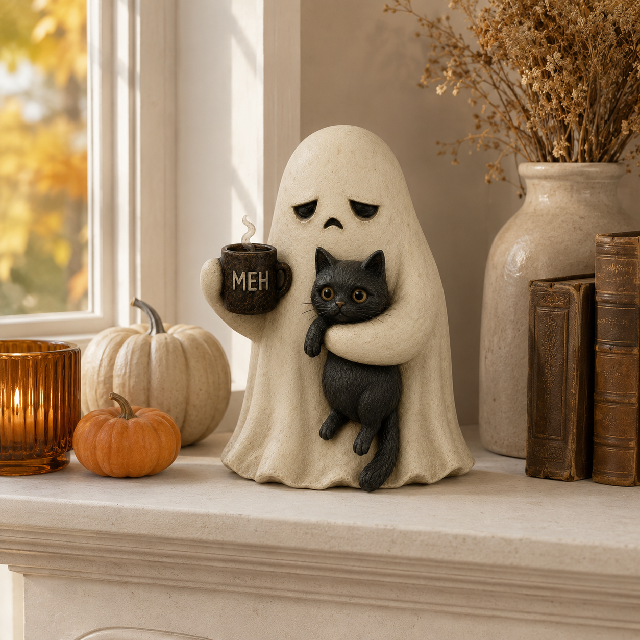 Meh Mood Ghost & Black Cat Figurine