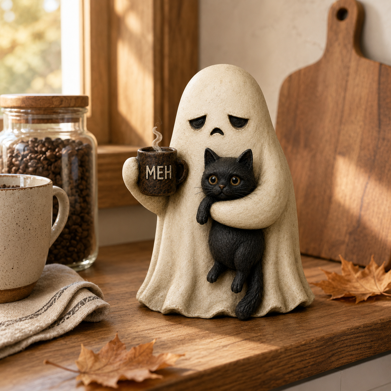 Meh Mood Ghost & Black Cat Figurine
