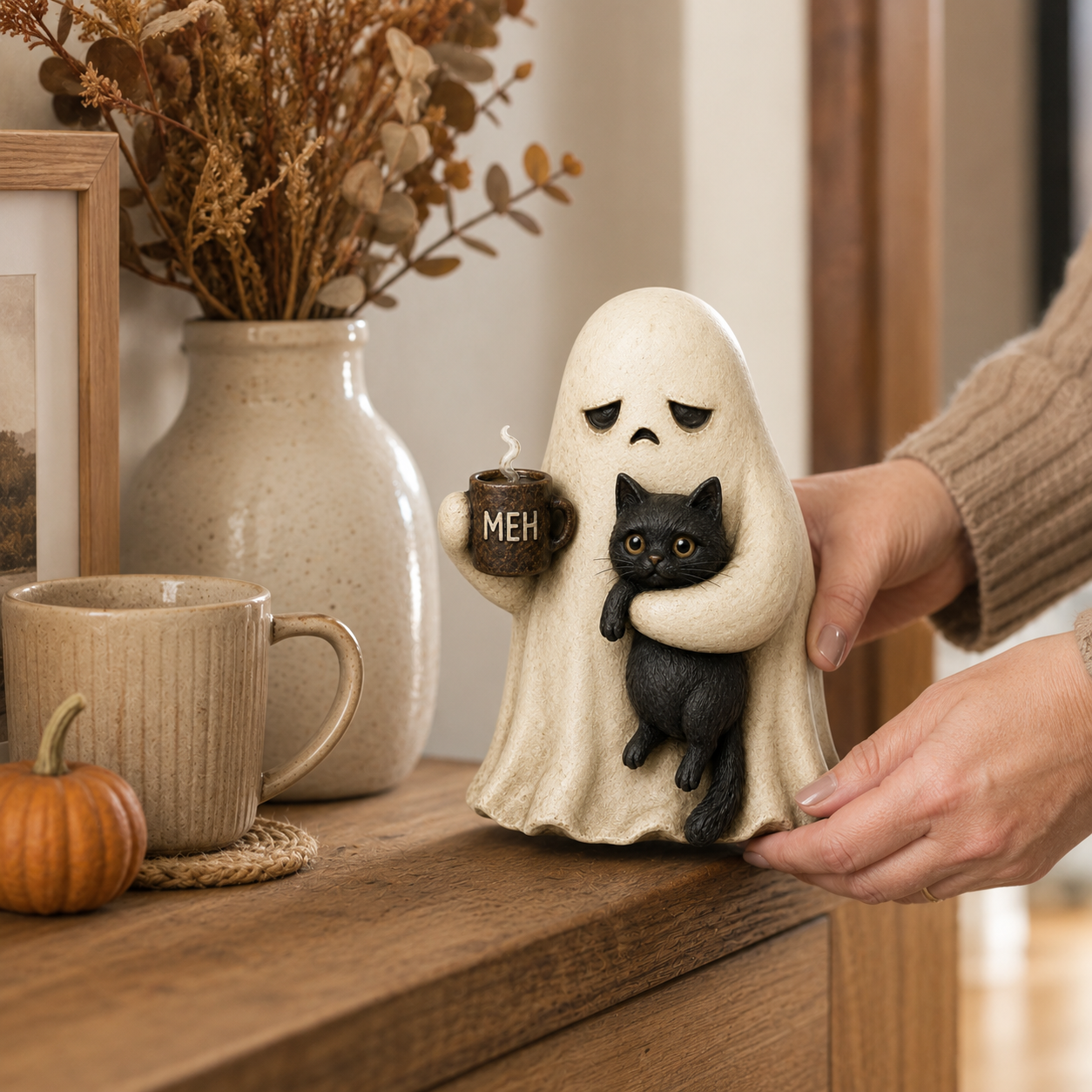 Meh Mood Ghost & Black Cat Figurine