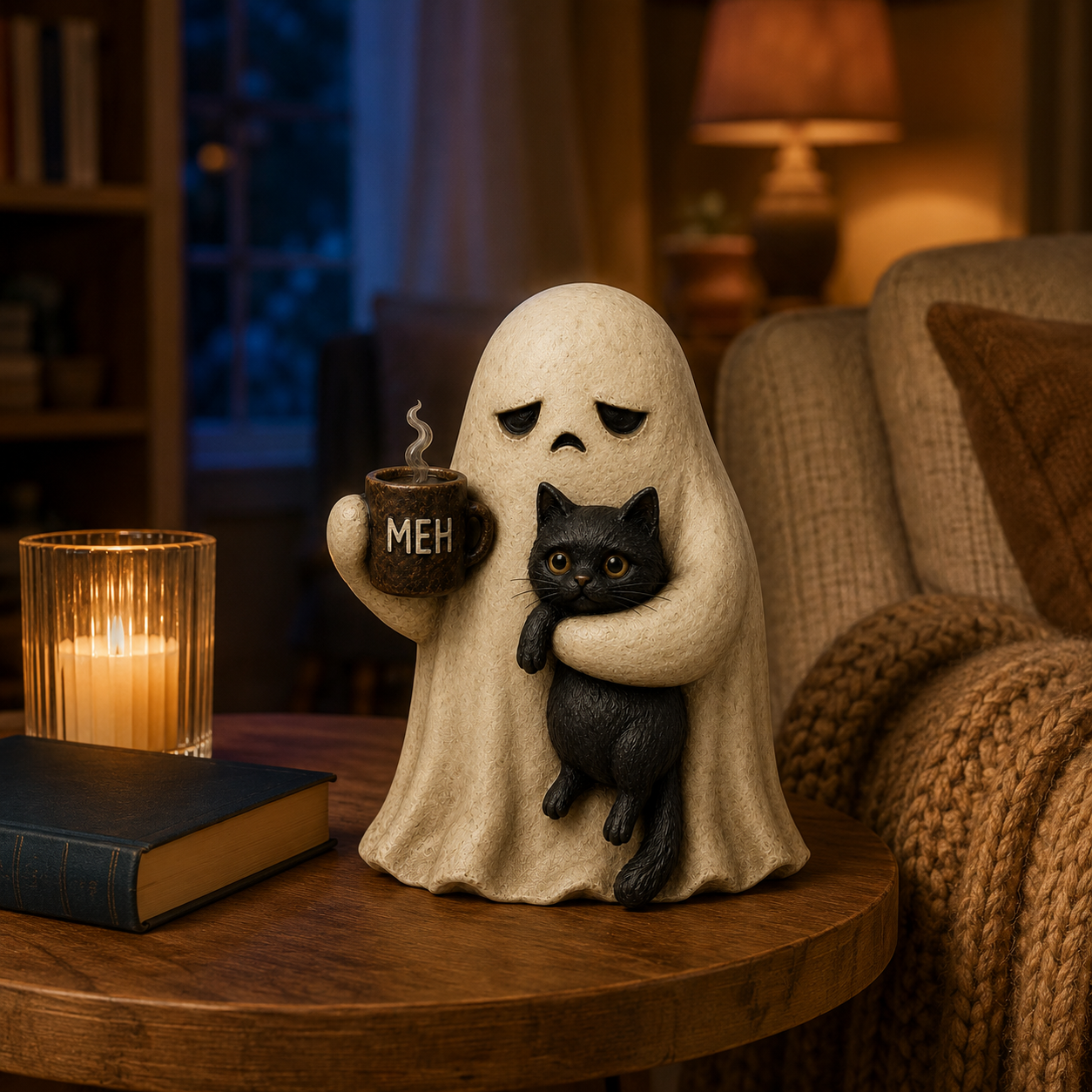 Meh Mood Ghost & Black Cat Figurine