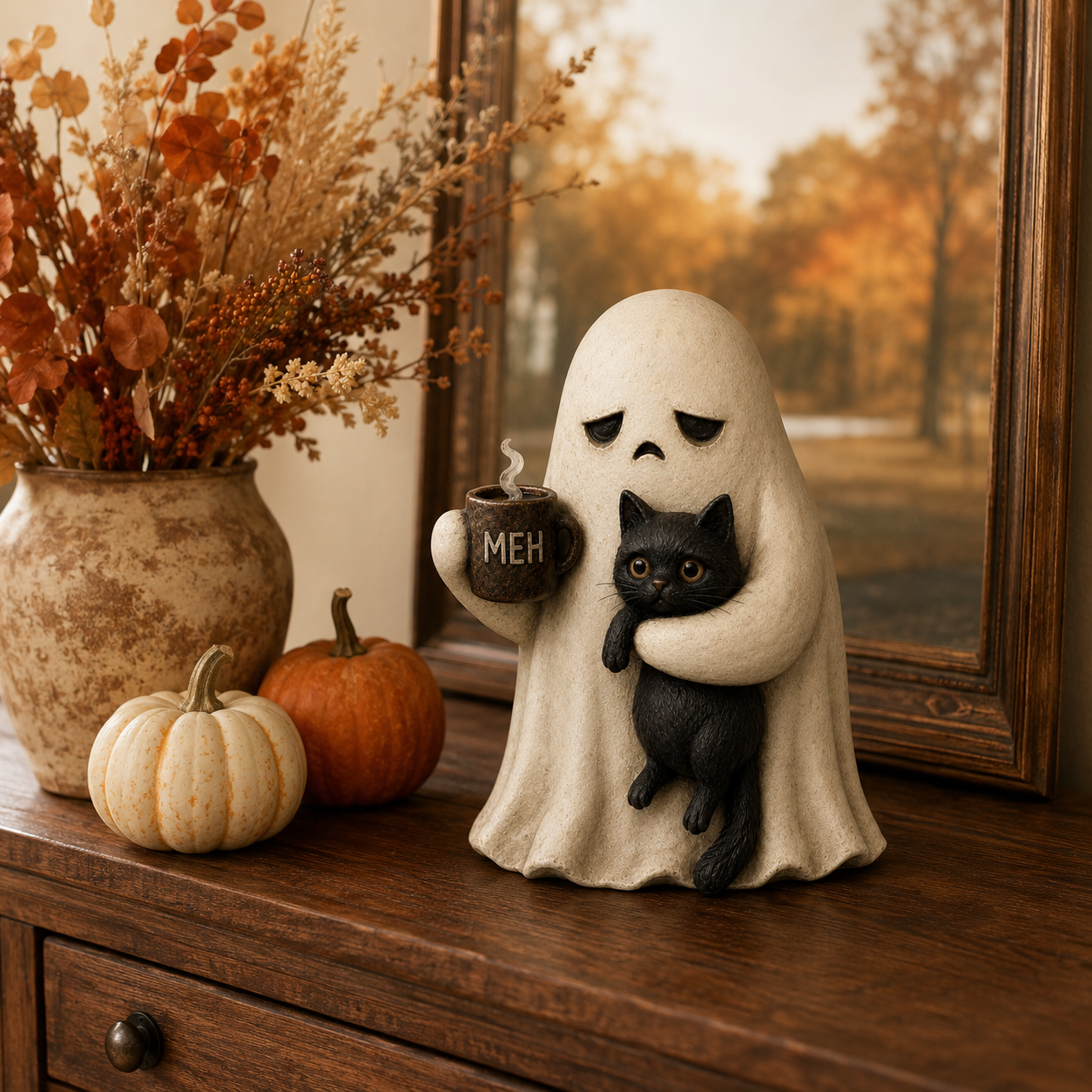 Meh Mood Ghost & Black Cat Figurine