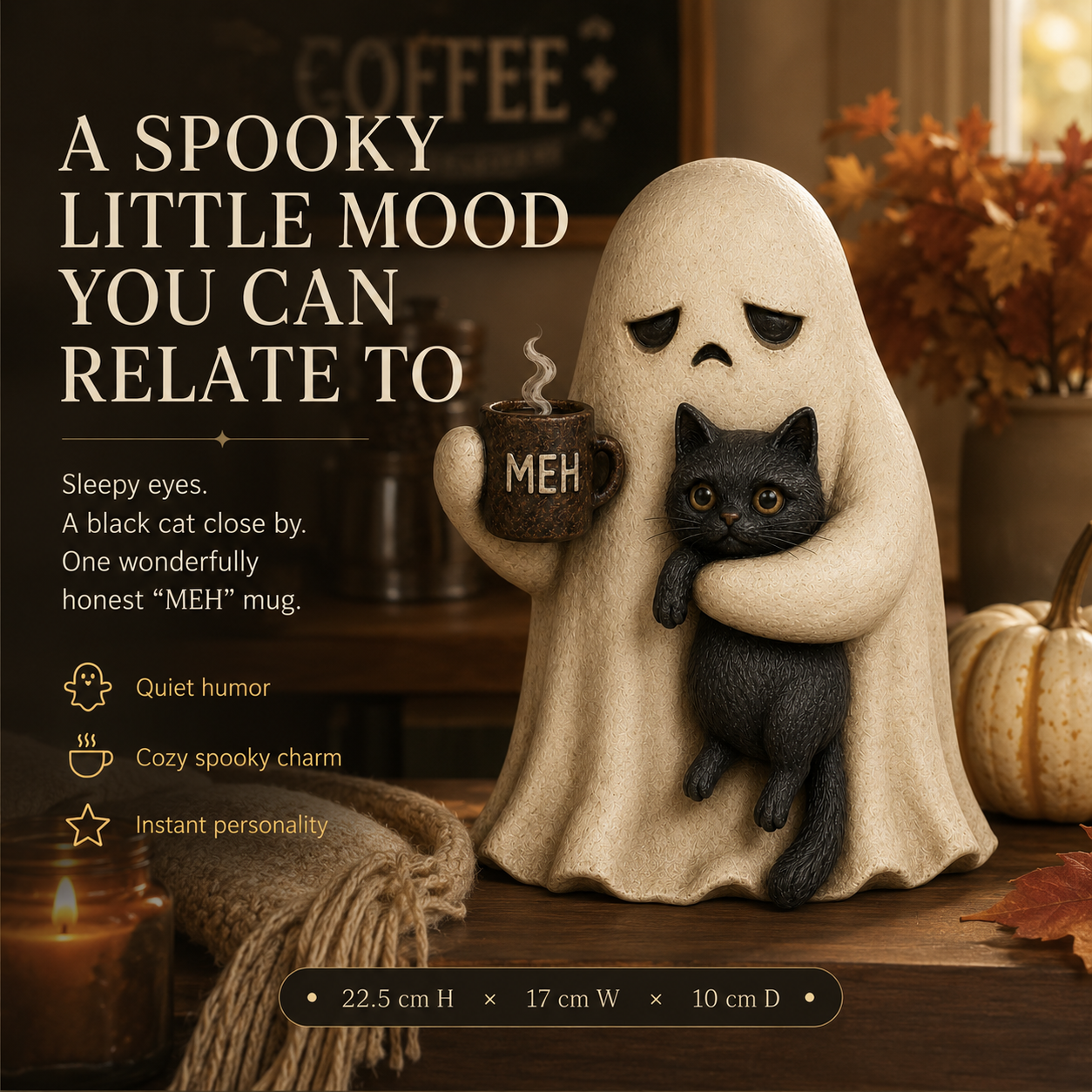 Meh Mood Ghost & Black Cat Figurine
