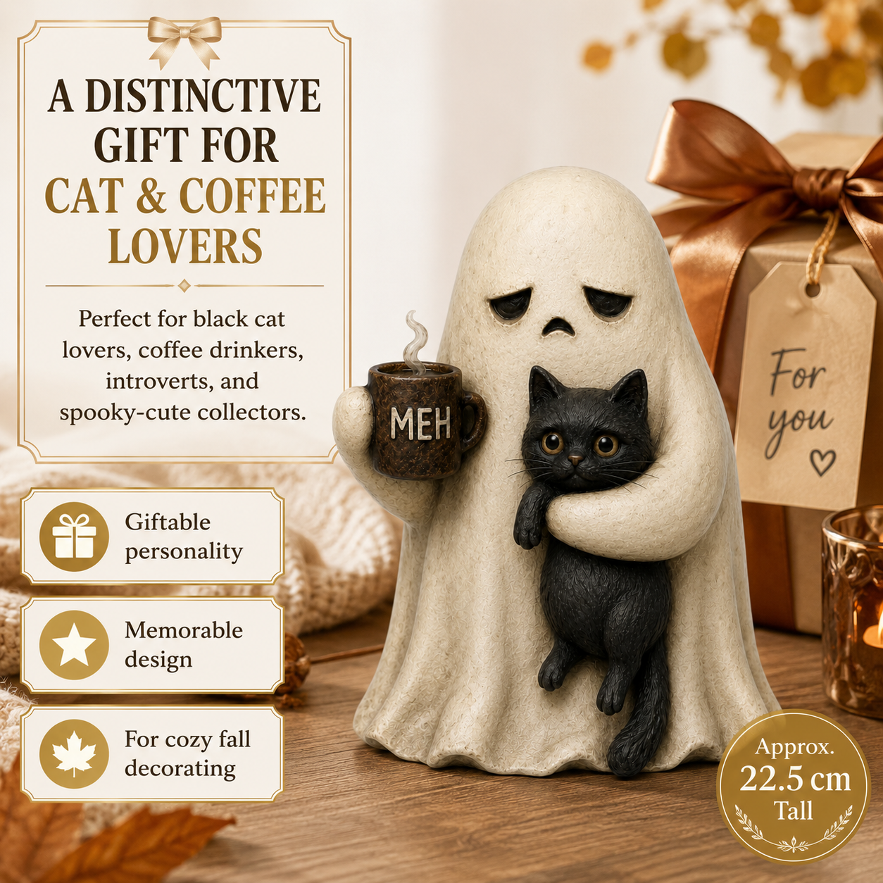 Meh Mood Ghost & Black Cat Figurine
