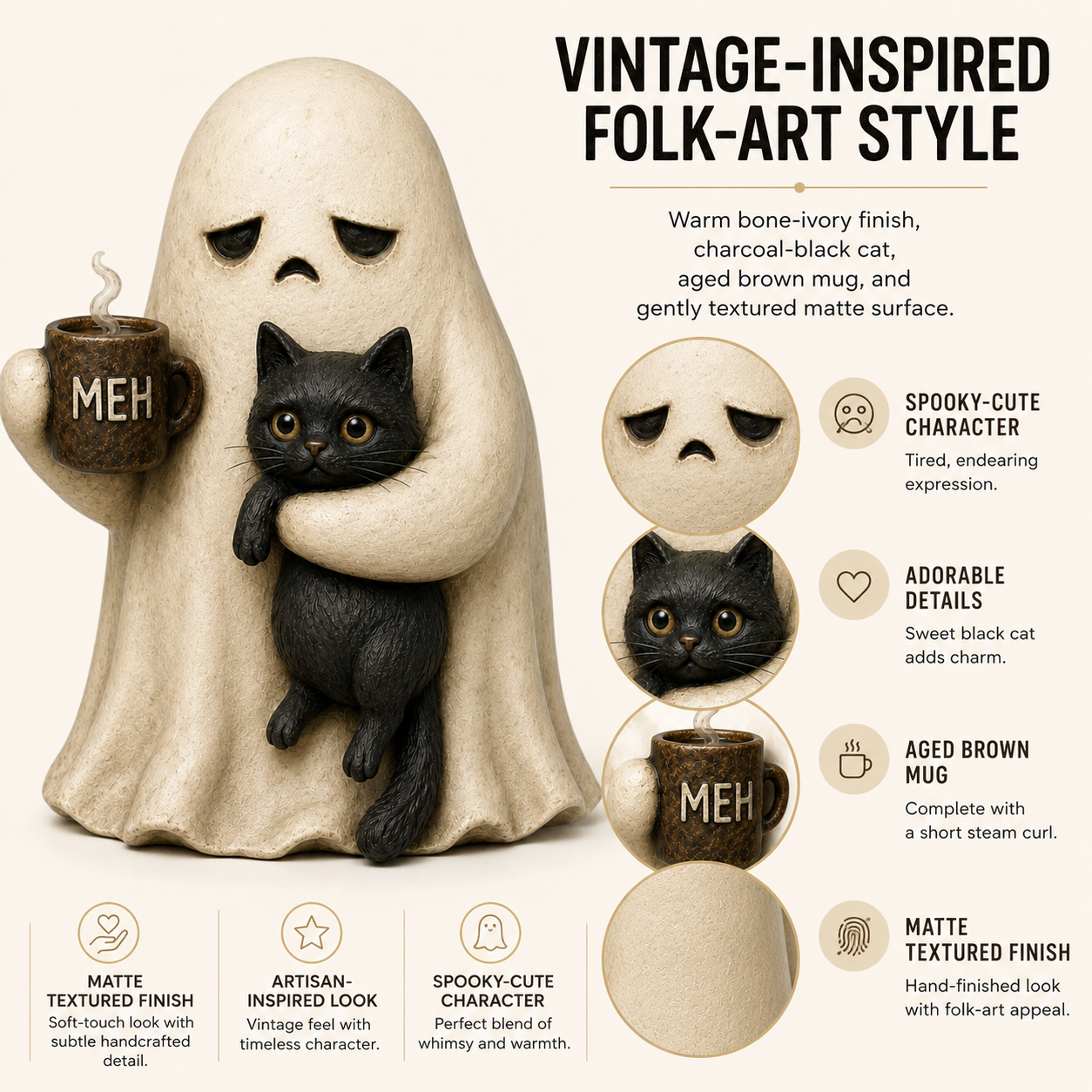 Meh Mood Ghost & Black Cat Figurine