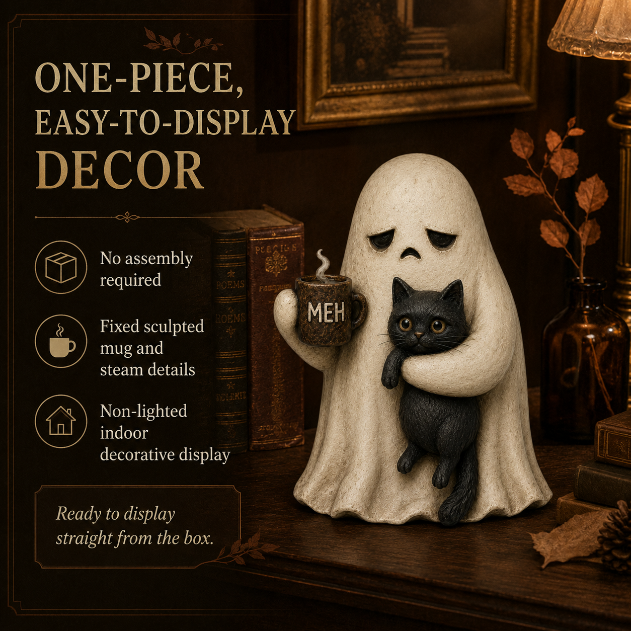 Meh Mood Ghost & Black Cat Figurine