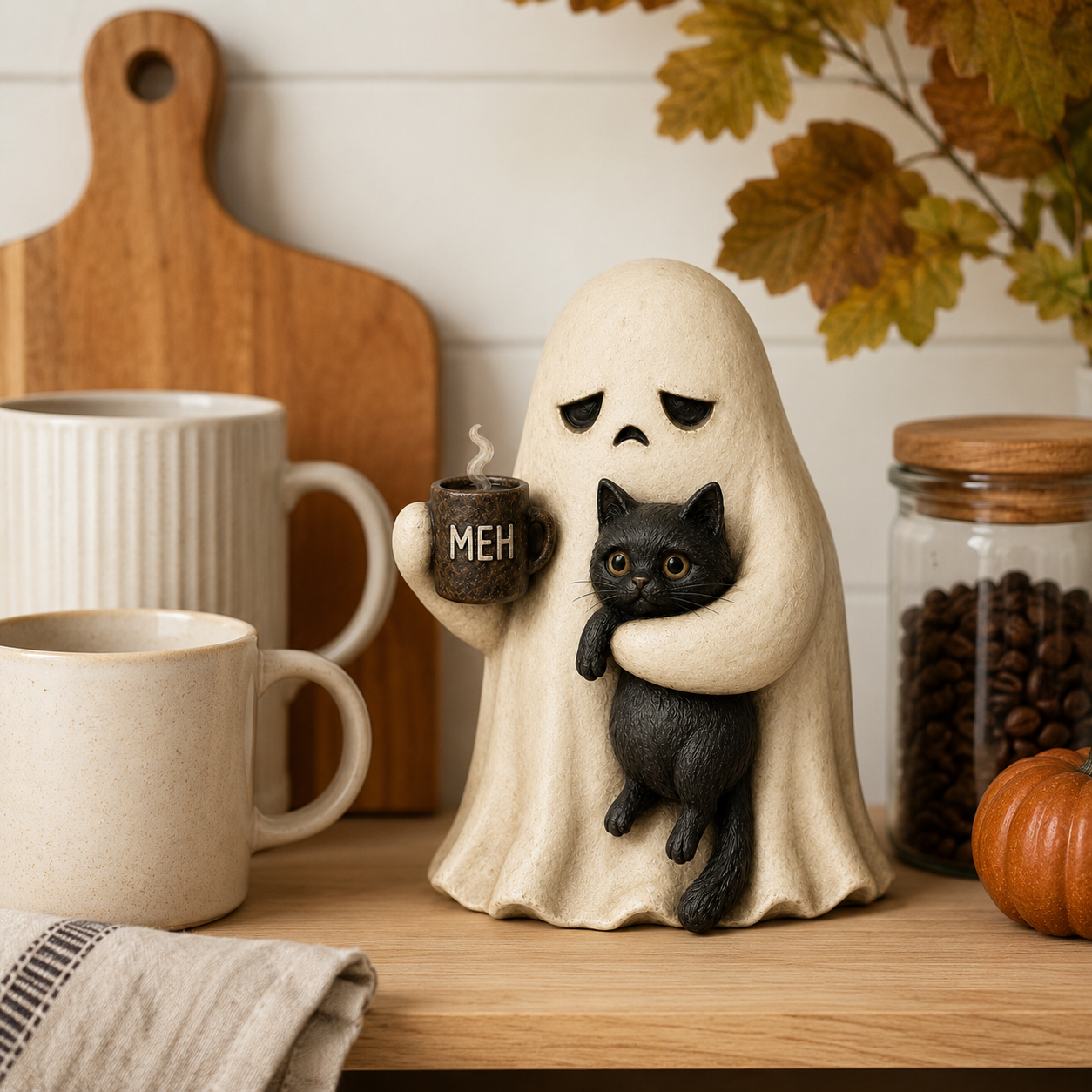 Meh Mood Ghost & Black Cat Figurine