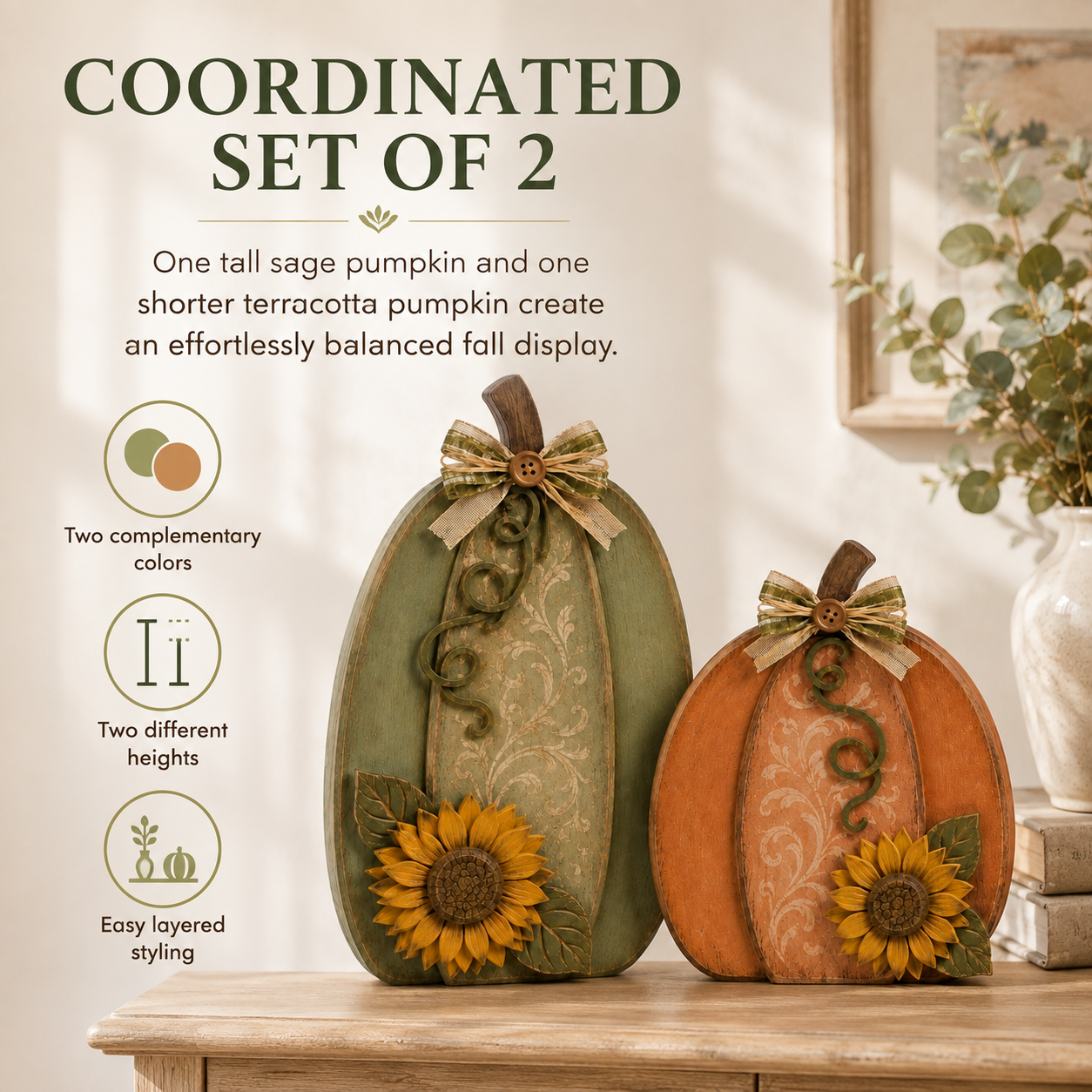 Harvest in Bloom – Solid Wood Pumpkin Pair