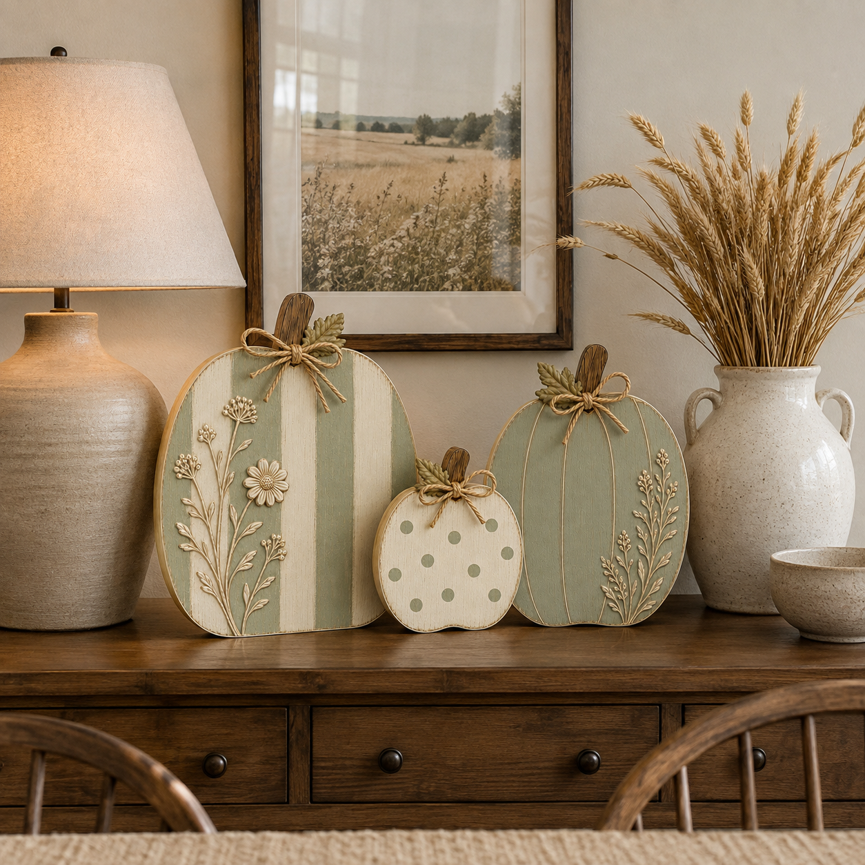 Sage & Cream Raised Wildflower Solid Wood Pumpkin Trio