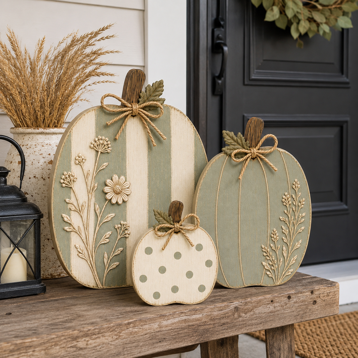 Sage & Cream Raised Wildflower Solid Wood Pumpkin Trio
