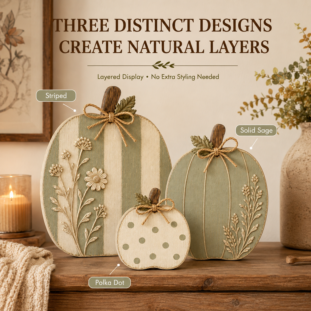 Sage & Cream Raised Wildflower Solid Wood Pumpkin Trio