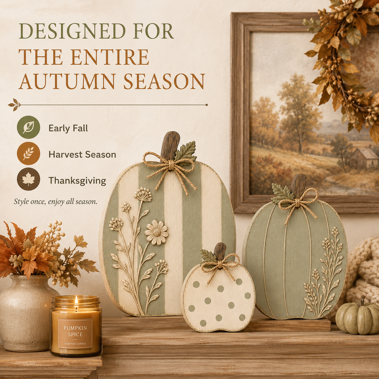 Sage & Cream Raised Wildflower Solid Wood Pumpkin Trio