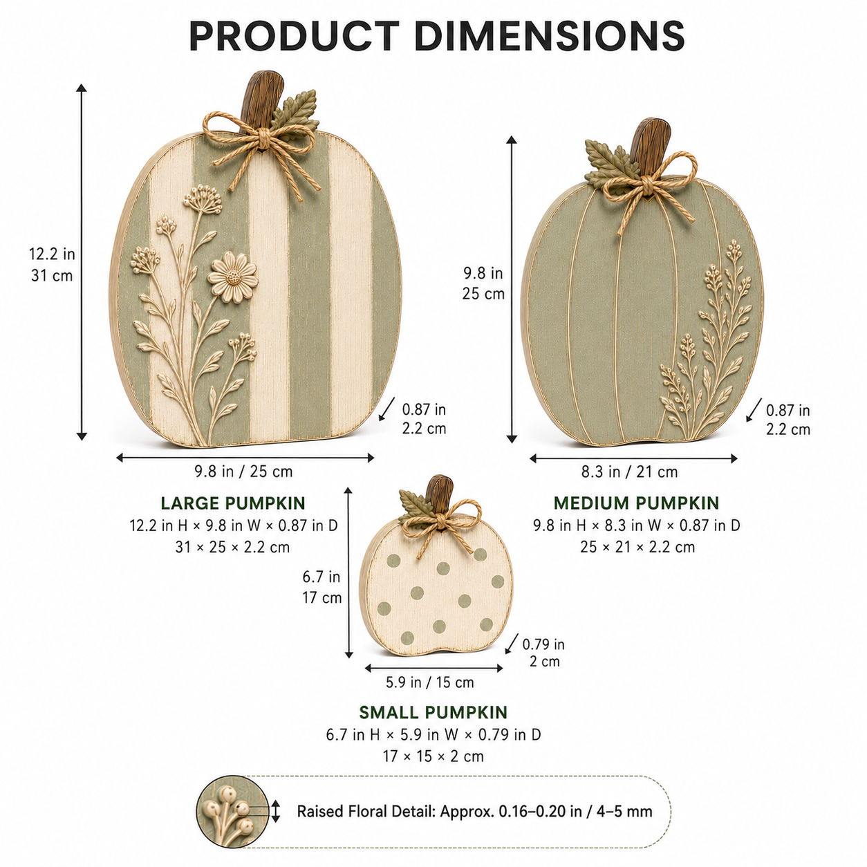 Sage & Cream Raised Wildflower Solid Wood Pumpkin Trio