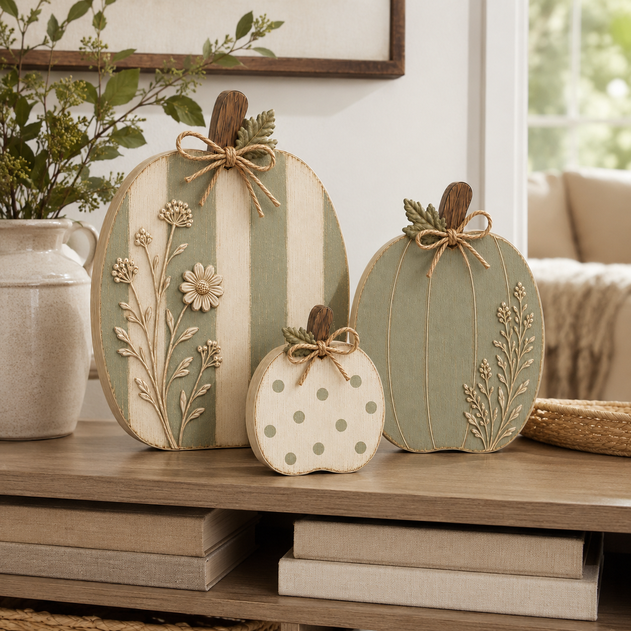Sage & Cream Raised Wildflower Solid Wood Pumpkin Trio