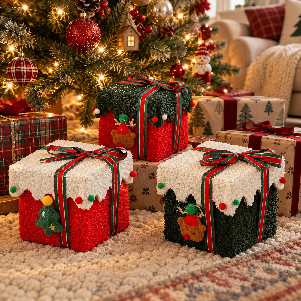 Plush Christmas Gift Box Storage Basket set
