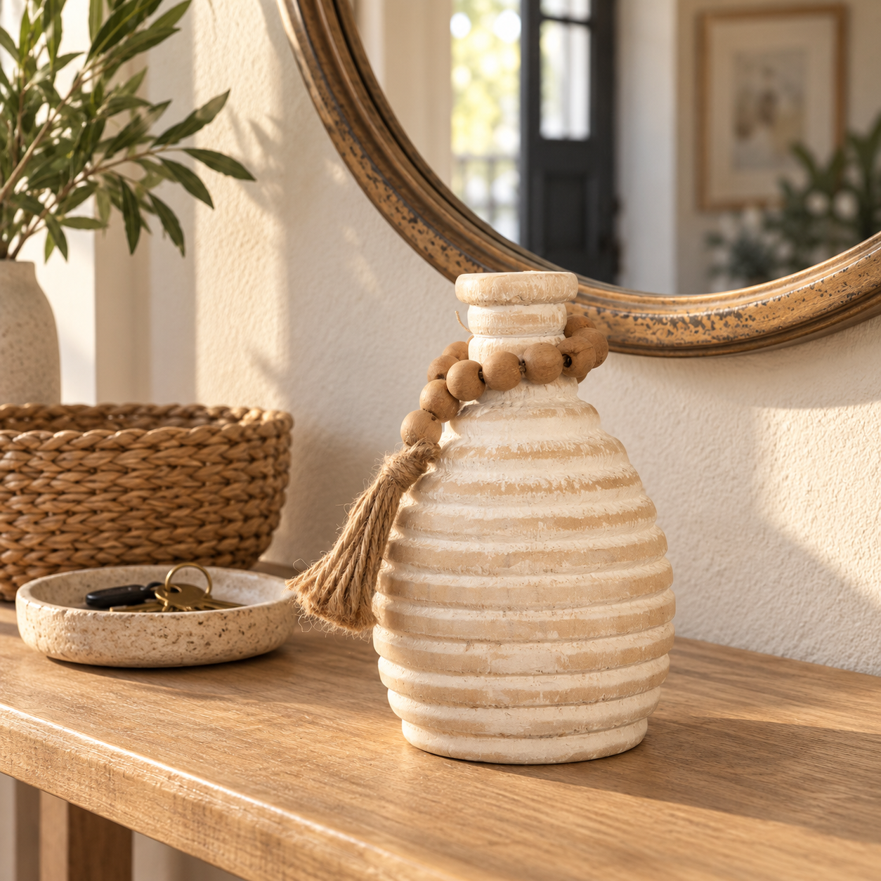 White Wood Vase With Beaded Loop