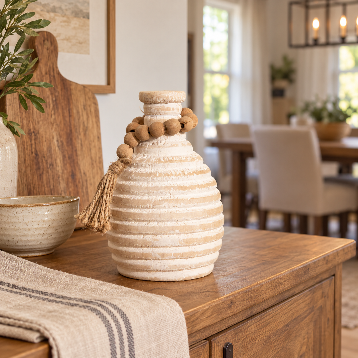 White Wood Vase With Beaded Loop