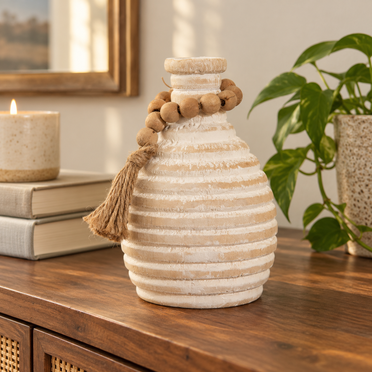 White Wood Vase With Beaded Loop