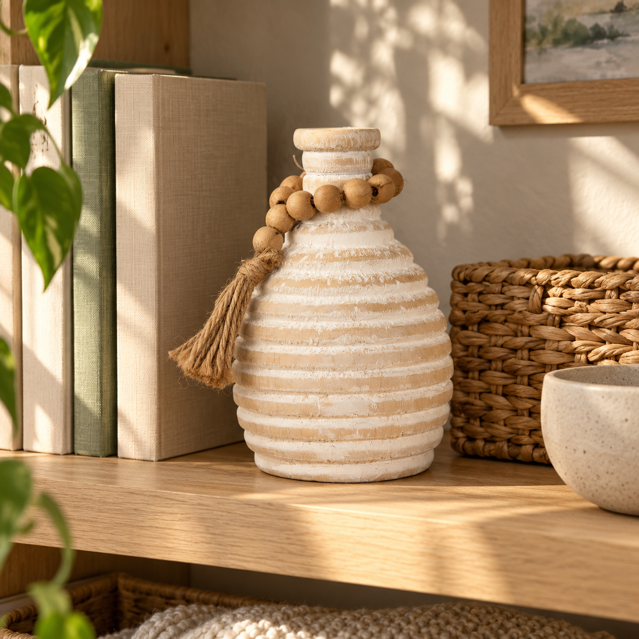 White Wood Vase With Beaded Loop