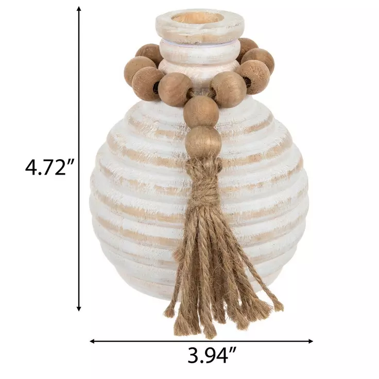 White Wood Vase With Beaded Loop