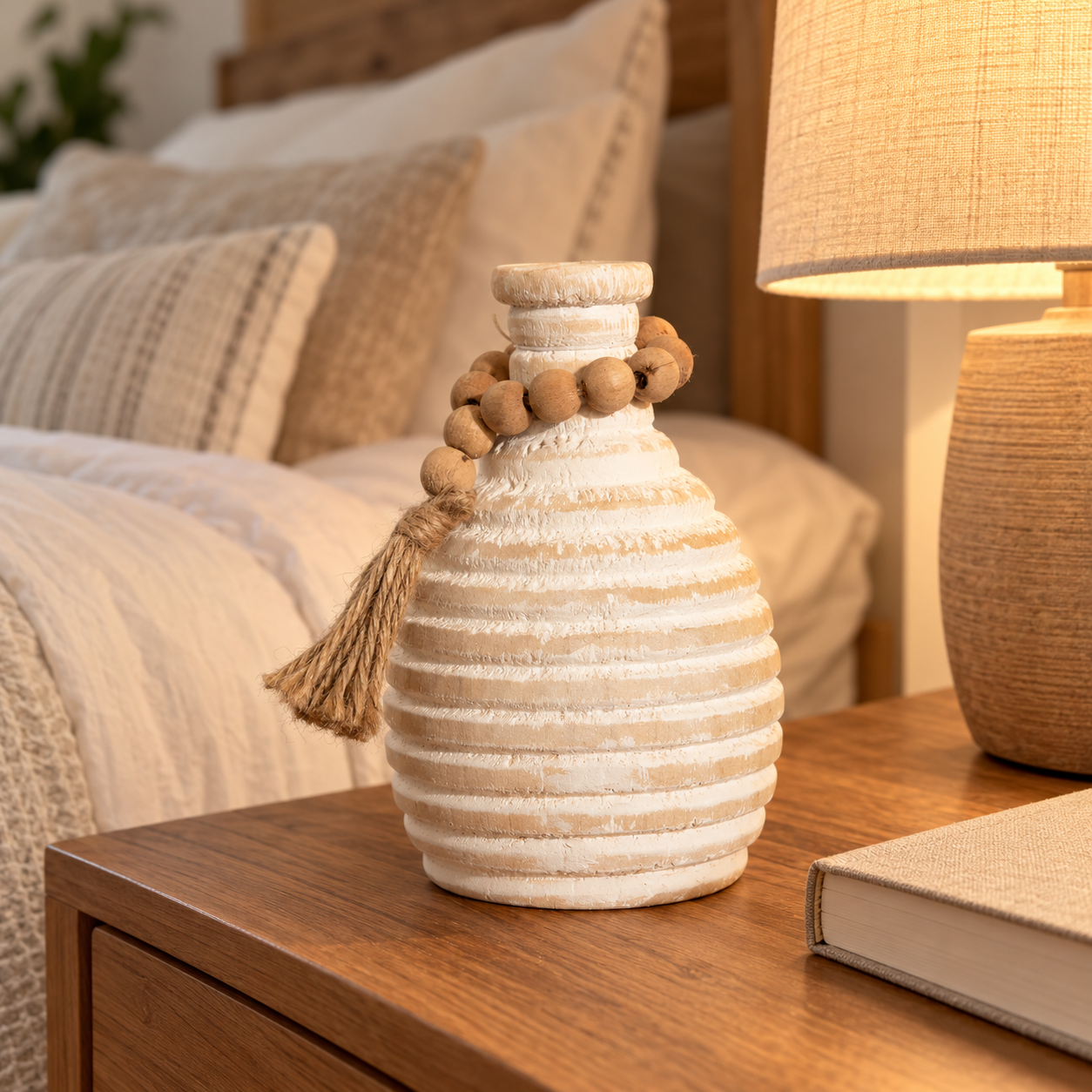 White Wood Vase With Beaded Loop