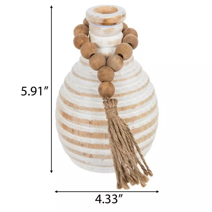 White Wood Vase With Beaded Loop