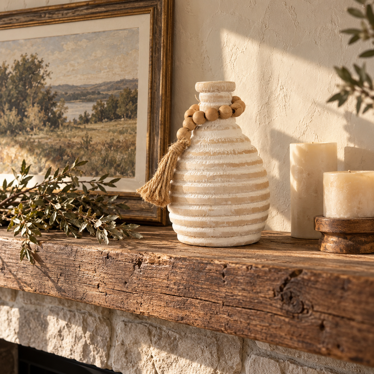 White Wood Vase With Beaded Loop