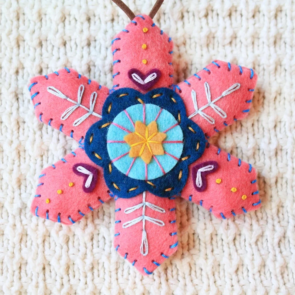 Handmade Felt Snowflake Christmas Ornament, Embroidered Holiday Tree Decor, DIY Ornament Kit or Finished Ornament, Multiple Colors Available