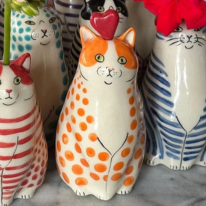 Hand-Painted Polka Dot Cat Tiny Vase