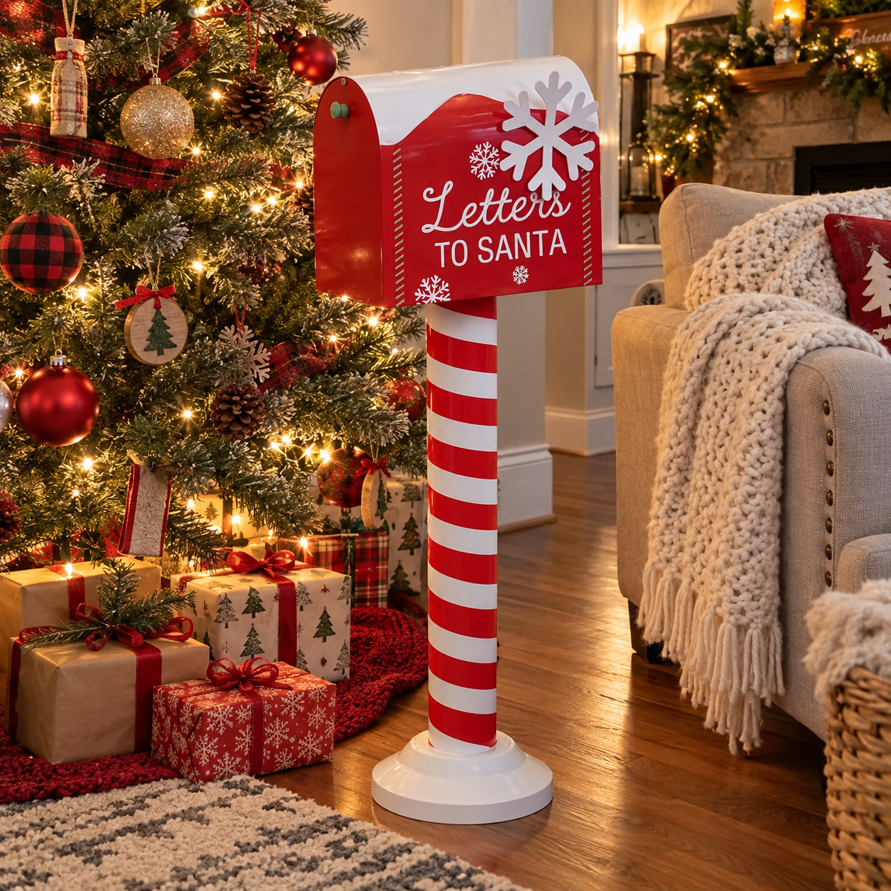 Letters to Santa Christmas Mailbox, Freestanding Holiday Mailbox Decoration for Kids and Families, Red and White Santa Letter Box for Christmas Home Décor