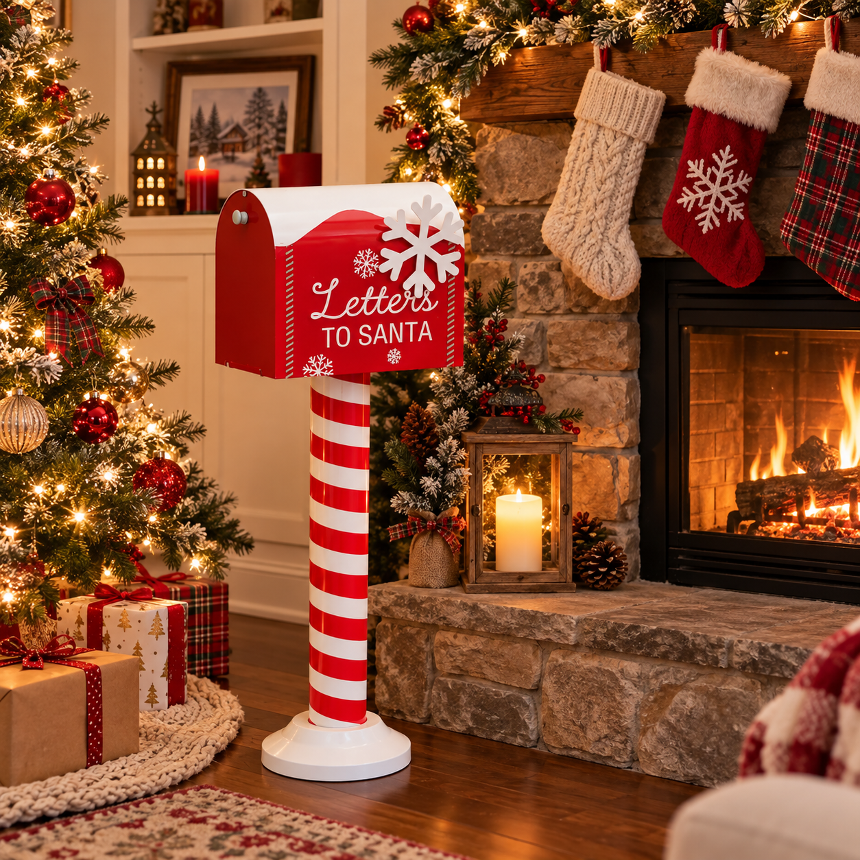 Letters to Santa Christmas Mailbox, Freestanding Holiday Mailbox Decoration for Kids and Families, Red and White Santa Letter Box for Christmas Home Décor