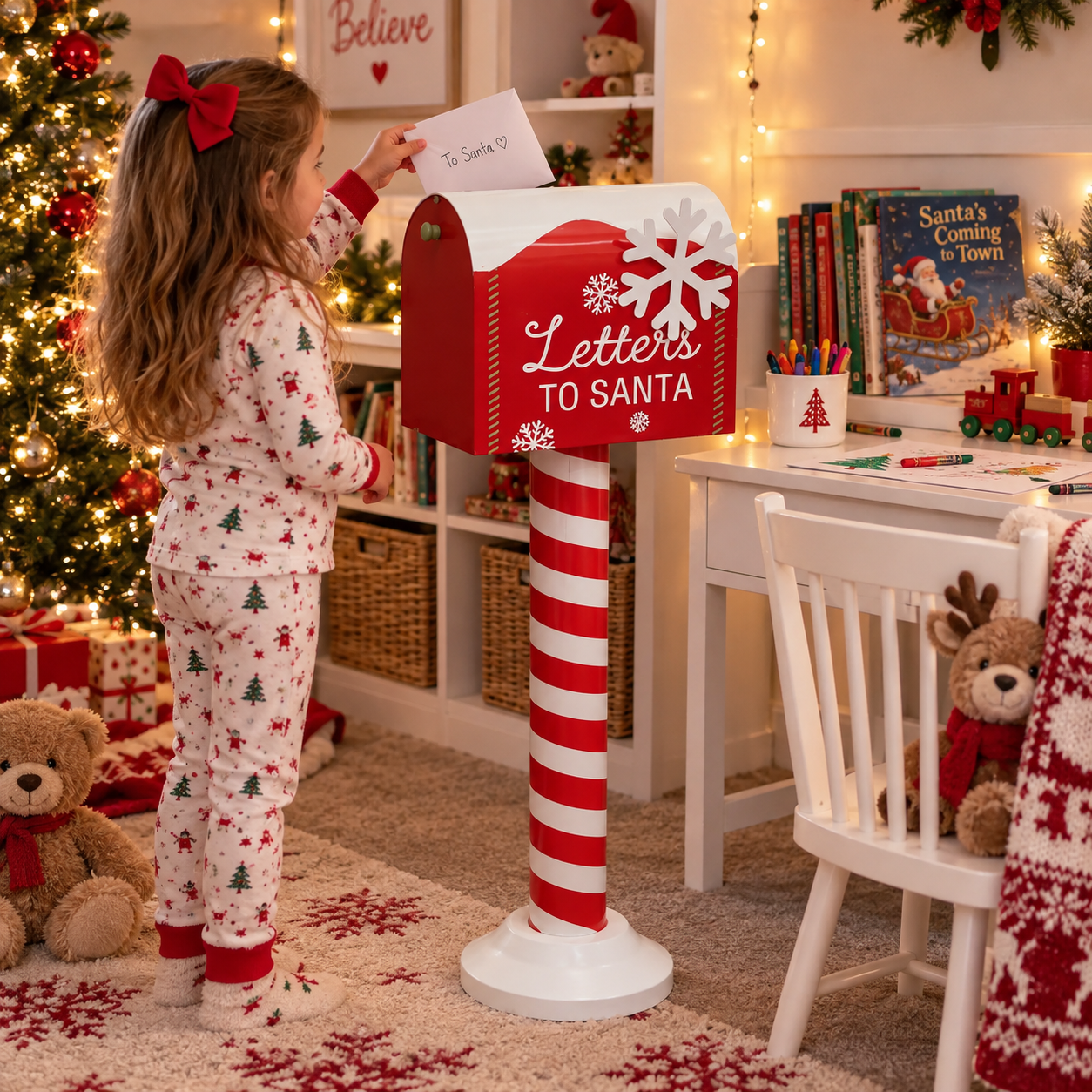 Letters to Santa Christmas Mailbox, Freestanding Holiday Mailbox Decoration for Kids and Families, Red and White Santa Letter Box for Christmas Home Décor