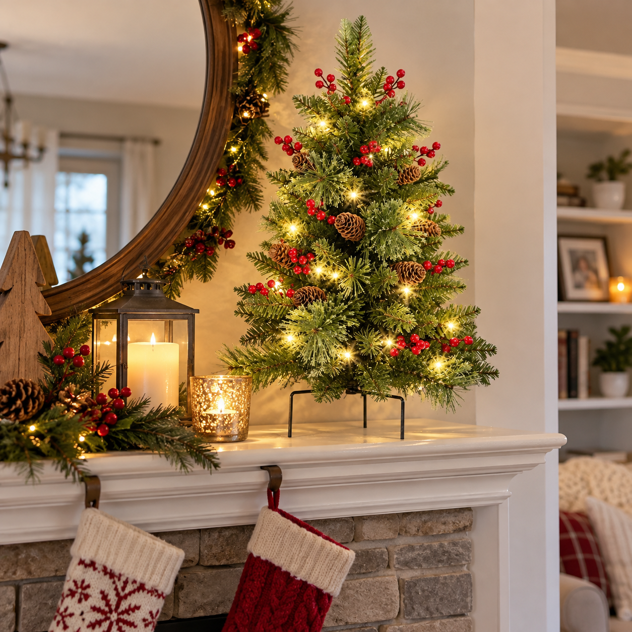 24-Inch Pre-Lit Artificial Christmas Tree with Red Berries & Pinecones, Mini Holiday Tree with Warm Lights for Tabletop Home Decor